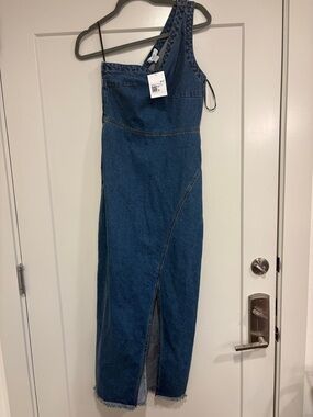 Denim One-Shoulder Maxi Skirt Dress in Dark Blue